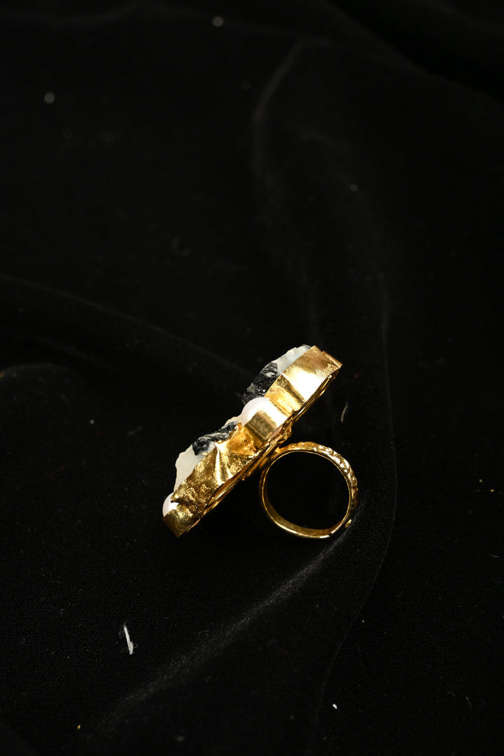 Dalmatian Inspired Dendritic Agate & Pearl Square Cluster Adjustable Brass Ring | SHOBITAM