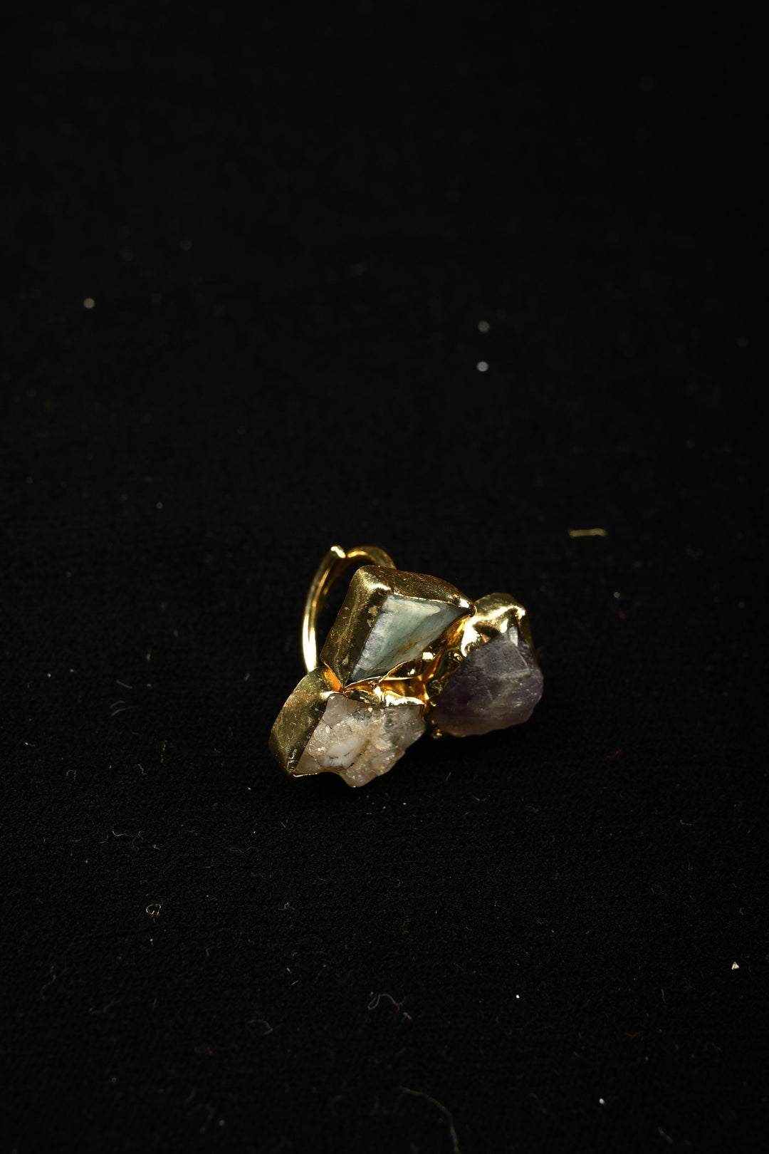Raw Gemstone Harmony-Amethyst-Citrine-Amazonite Trio Adjustable Brass Ring | SHOBITAM