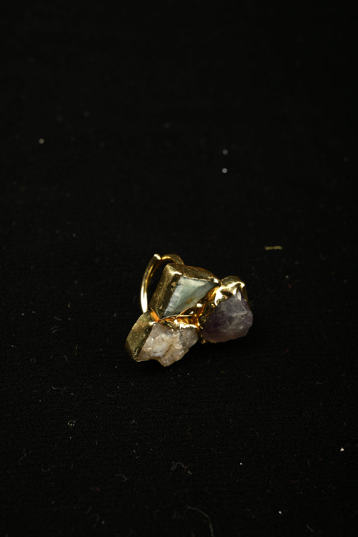 Raw Gemstone Harmony-Amethyst-Citrine-Amazonite Trio Adjustable Brass Ring | SHOBITAM
