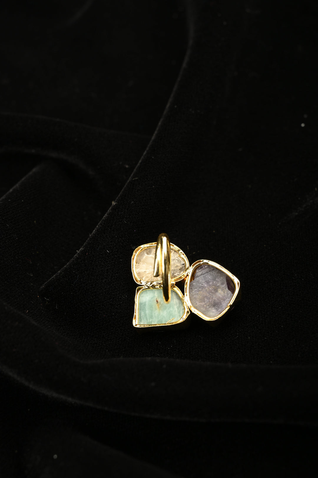 Raw Gemstone Harmony-Amethyst-Citrine-Amazonite Trio Adjustable Brass Ring | SHOBITAM