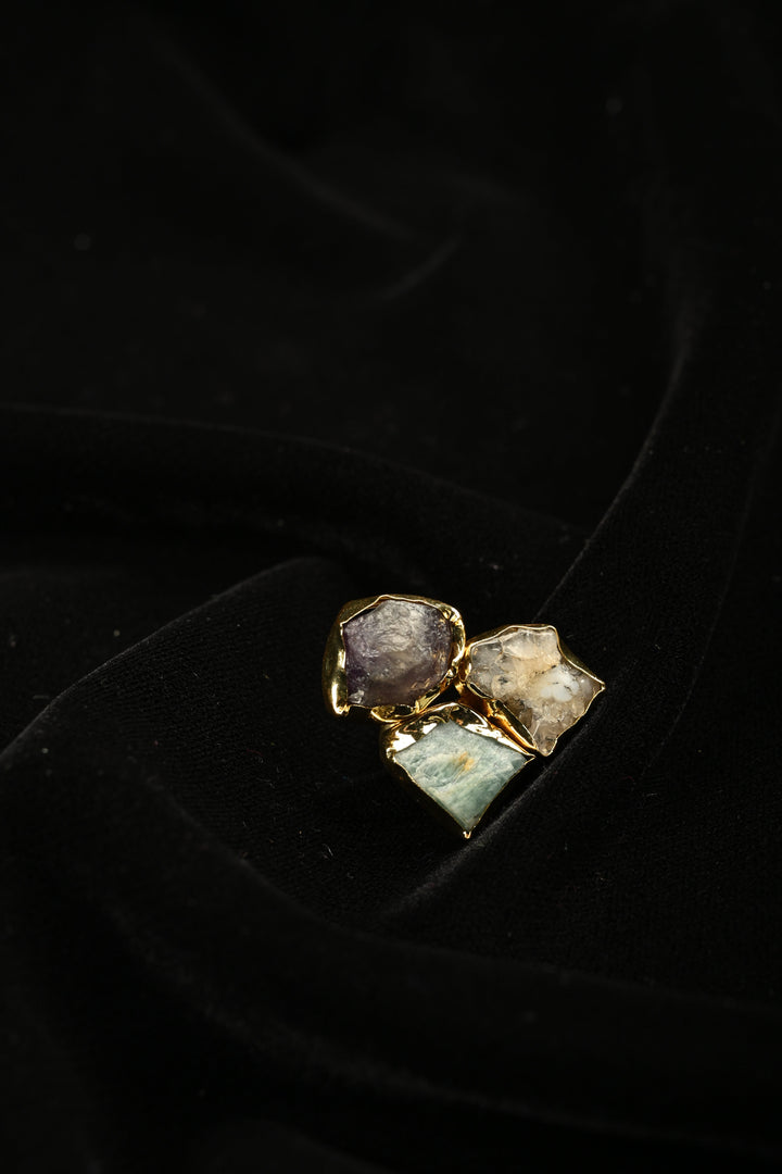 Raw Gemstone Harmony-Amethyst-Citrine-Amazonite Trio Adjustable Brass Ring | SHOBITAM