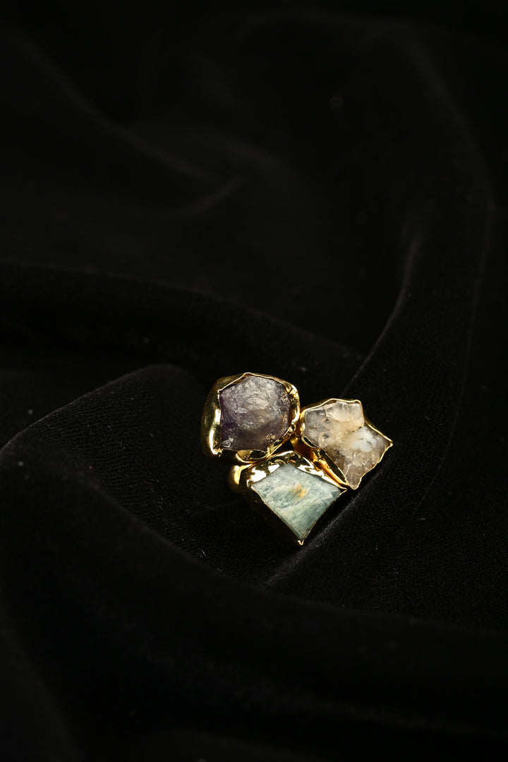 Raw Gemstone Harmony-Amethyst-Citrine-Amazonite Trio Adjustable Brass Ring | SHOBITAM
