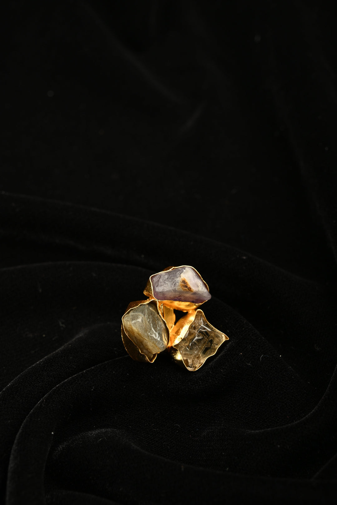 Mystic Crystal Harmony Labradorite-Amethyst-Citrine Raw Trio Adjustable Brass Ring | SHOBITAM