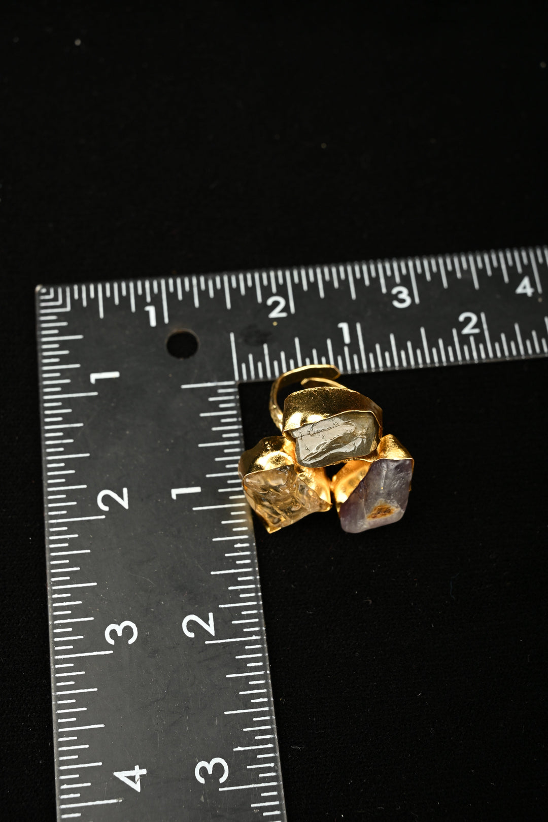 Mystic Crystal Harmony Labradorite-Amethyst-Citrine Raw Trio Adjustable Brass Ring | SHOBITAM