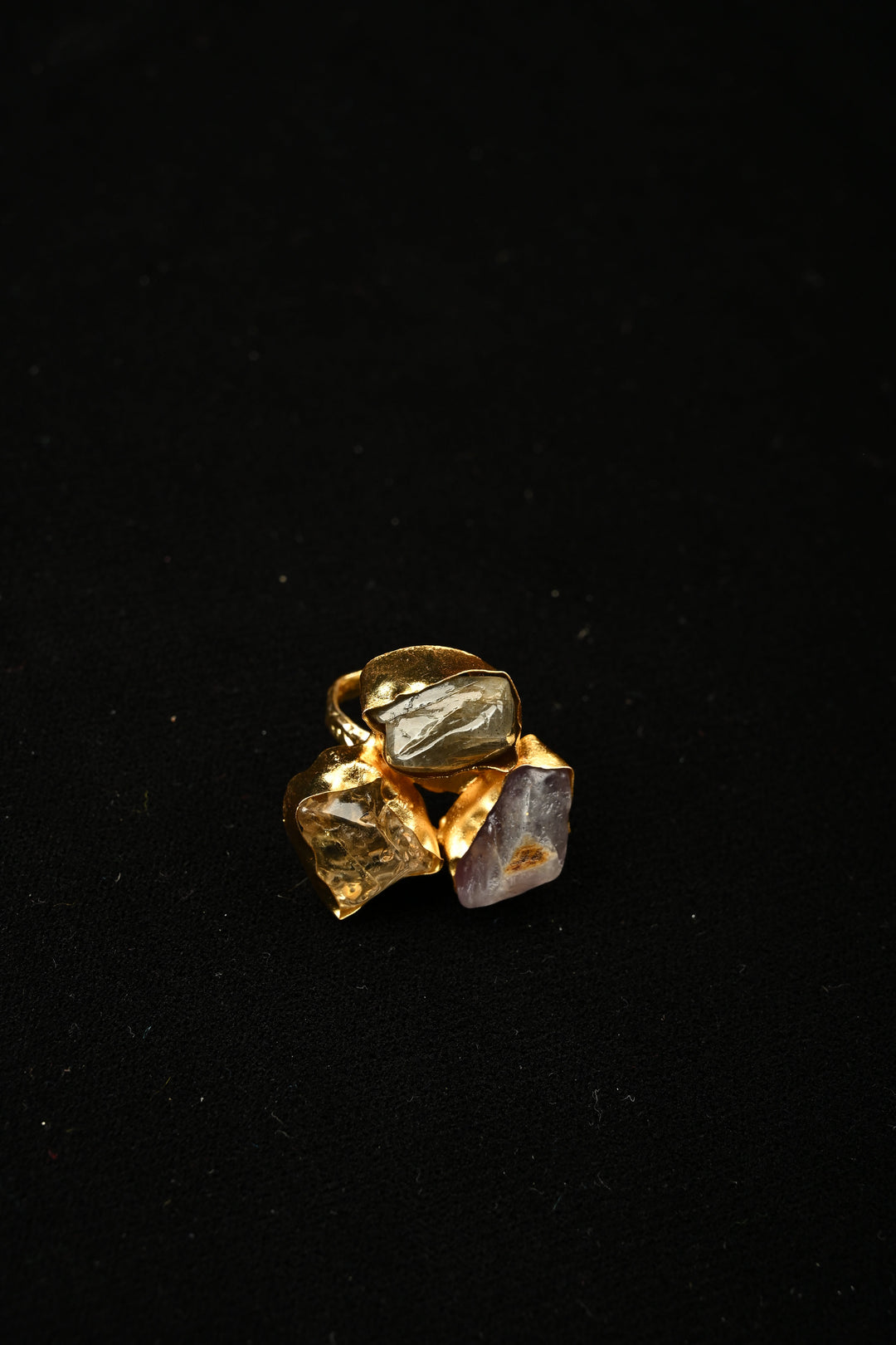 Mystic Crystal Harmony Labradorite-Amethyst-Citrine Raw Trio Adjustable Brass Ring | SHOBITAM