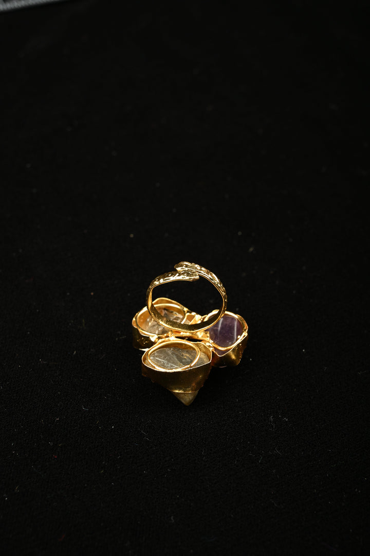 Mystic Crystal Harmony Labradorite-Amethyst-Citrine Raw Trio Adjustable Brass Ring | SHOBITAM