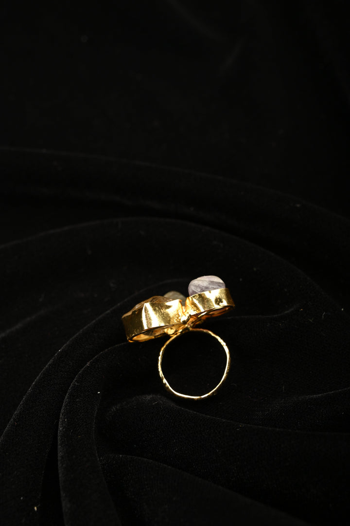 Mystic Crystal Harmony Labradorite-Amethyst-Citrine Raw Trio Adjustable Brass Ring | SHOBITAM