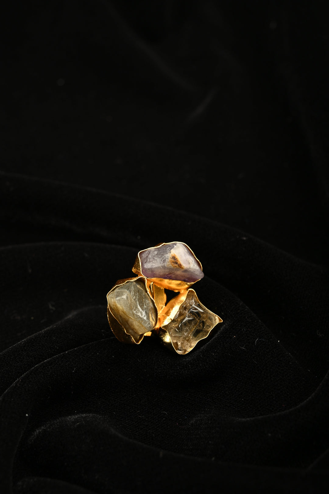 Mystic Crystal Harmony Labradorite-Amethyst-Citrine Raw Trio Adjustable Brass Ring | SHOBITAM