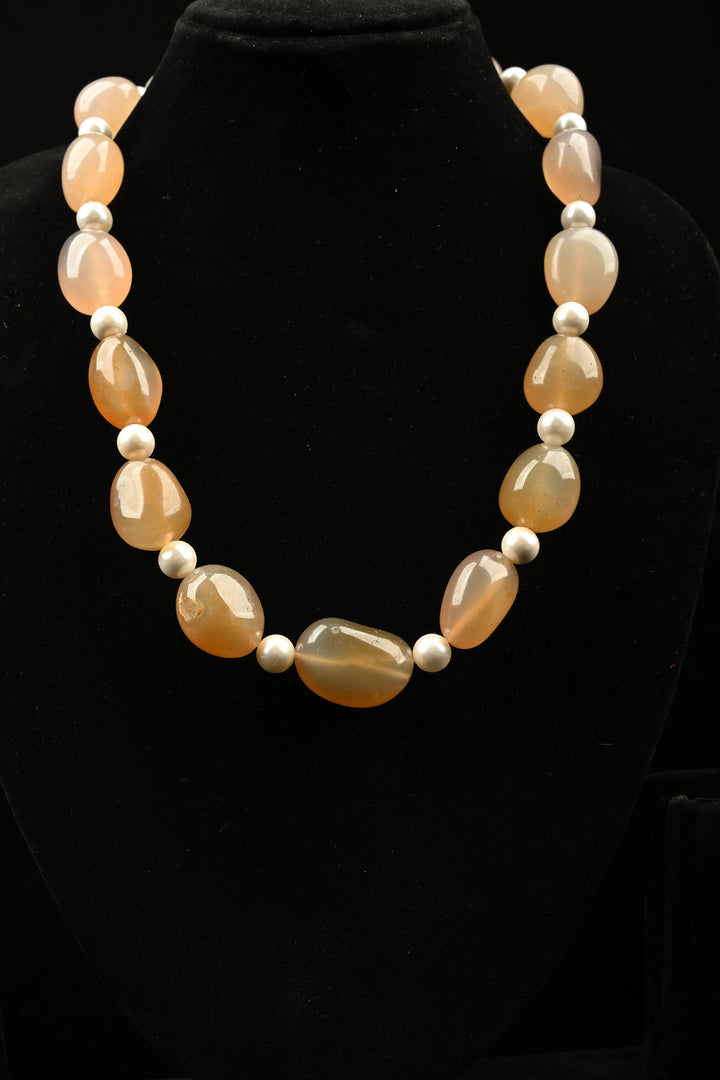 Dusky Peach Agate & Pearl Oval Bead Necklace | SHOBITAM