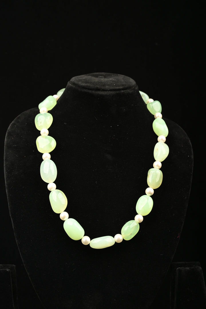 Dewdrop Green- Natural Aventurine & Pearl Tumbled Bead Necklace | SHOBITAM