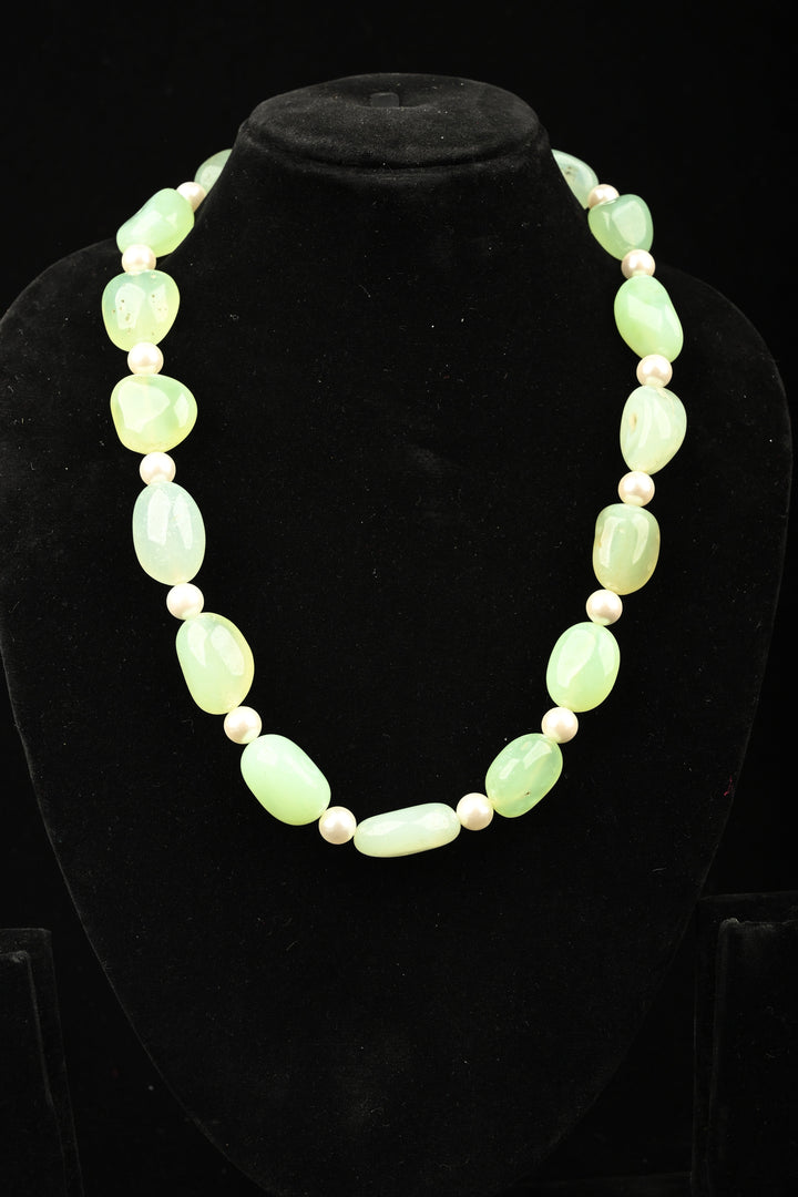 Dewdrop Green- Natural Aventurine & Pearl Tumbled Bead Necklace | SHOBITAM