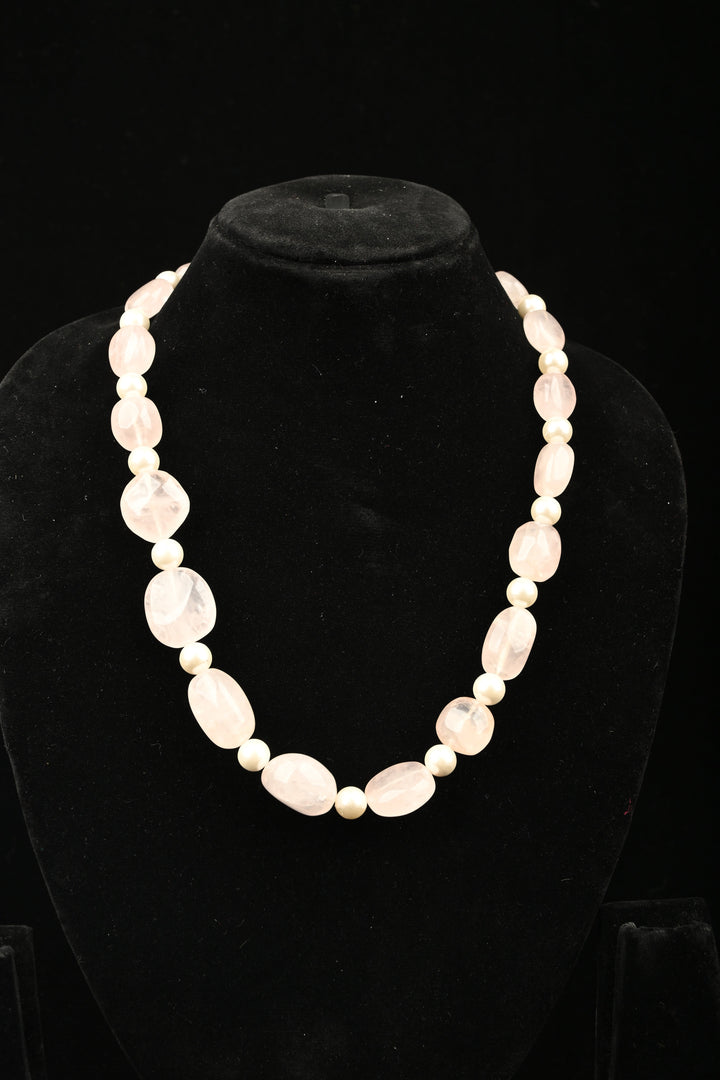 Natural Blush Pink Rosé Quartz and white beads Necklace | SHOBITAM