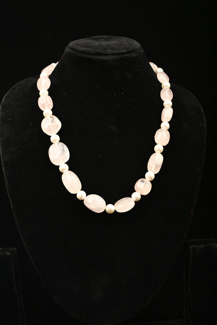 Natural Blush Pink Rosé Quartz and white beads Necklace | SHOBITAM