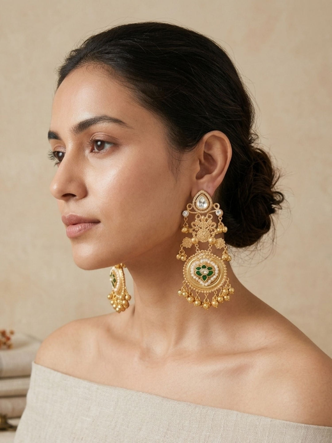 Gold Plated, Golden Chandbali Earrings in Pearl Festive Elegance | SHOBITAM