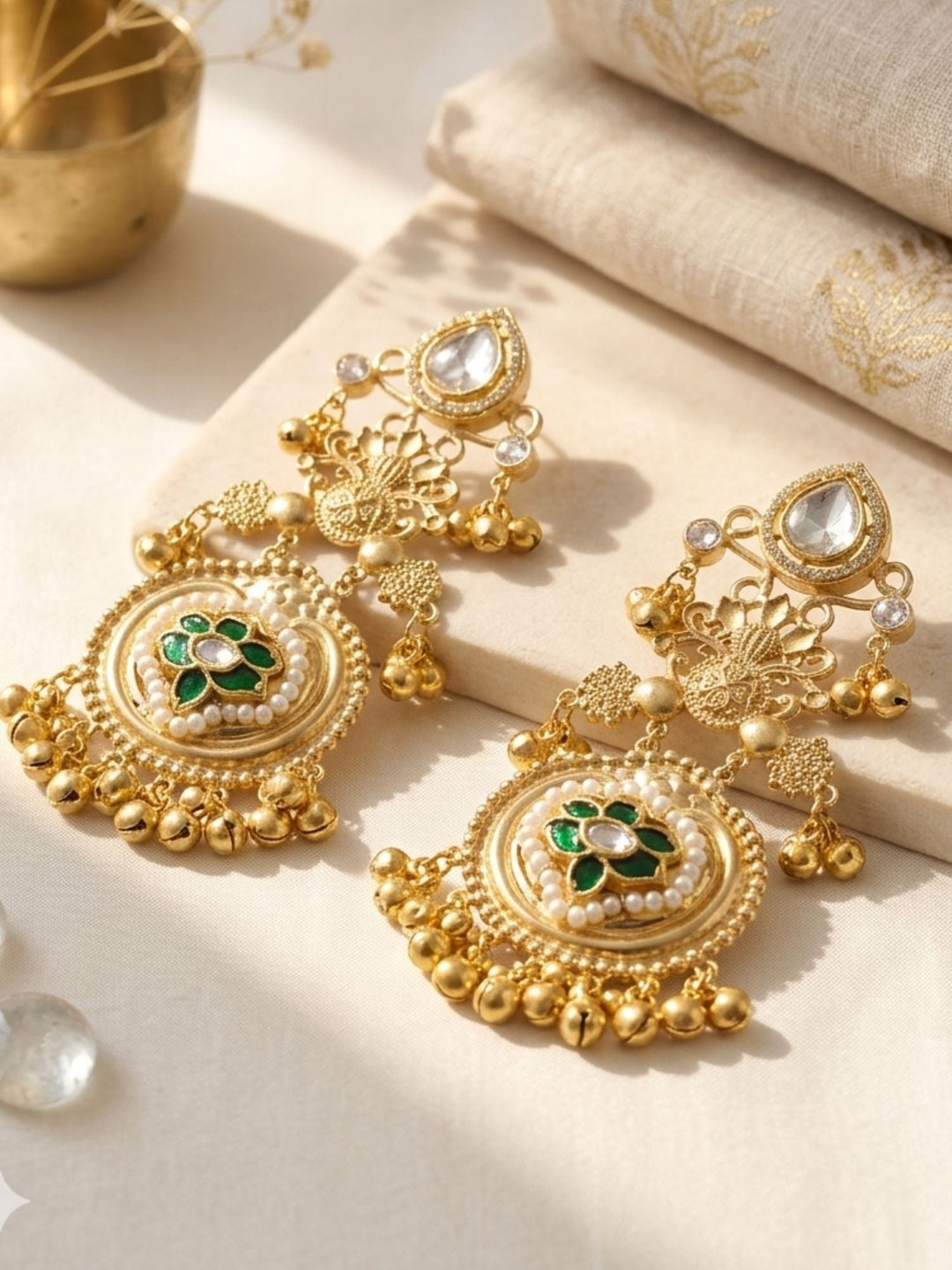 Gold Plated, Golden Chandbali Earrings in Pearl Festive Elegance | SHOBITAM