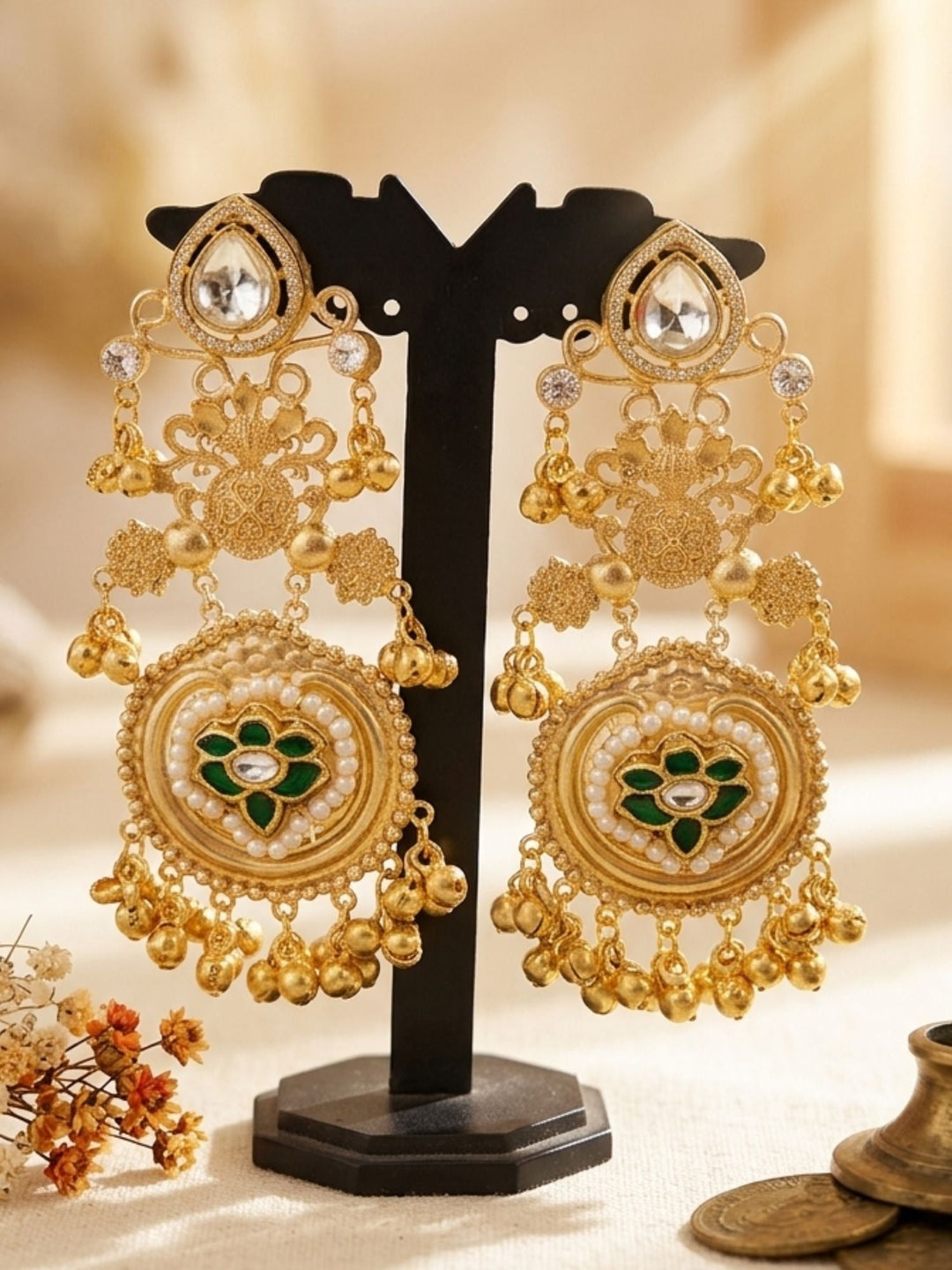 Gold Plated, Golden Chandbali Earrings in Pearl Festive Elegance | SHOBITAM