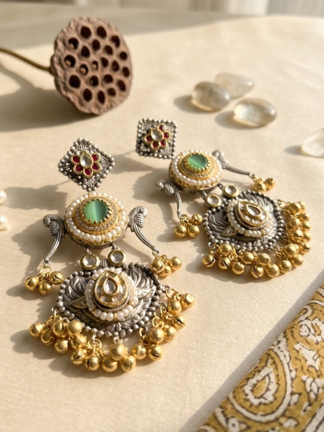 Dual Tone Chandbali Earrings Pearl Festive Earring | SHOBITAM
