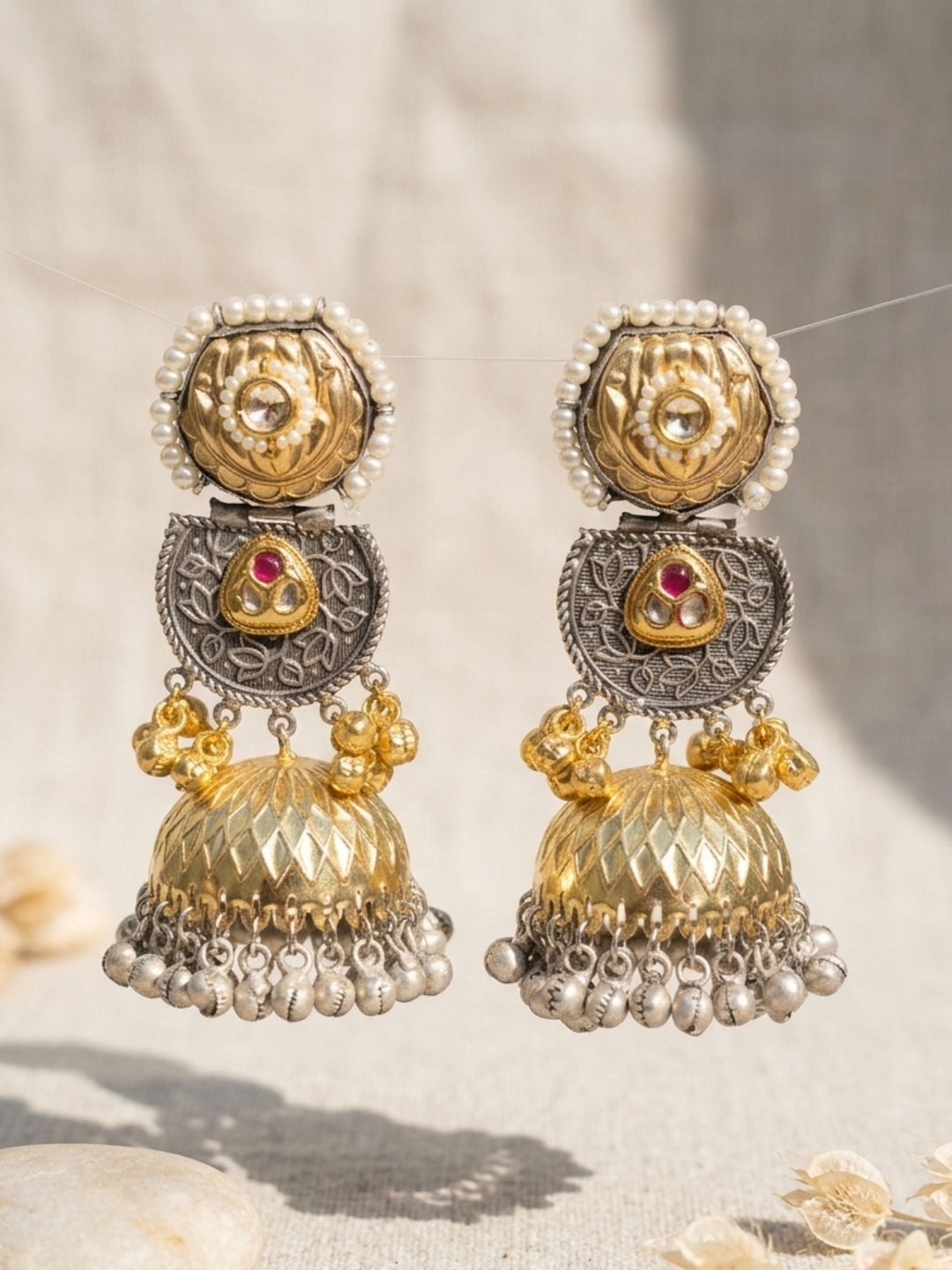 Dual Tone Jhumka Earrings – Ghungroo Festive | SHOBITAM