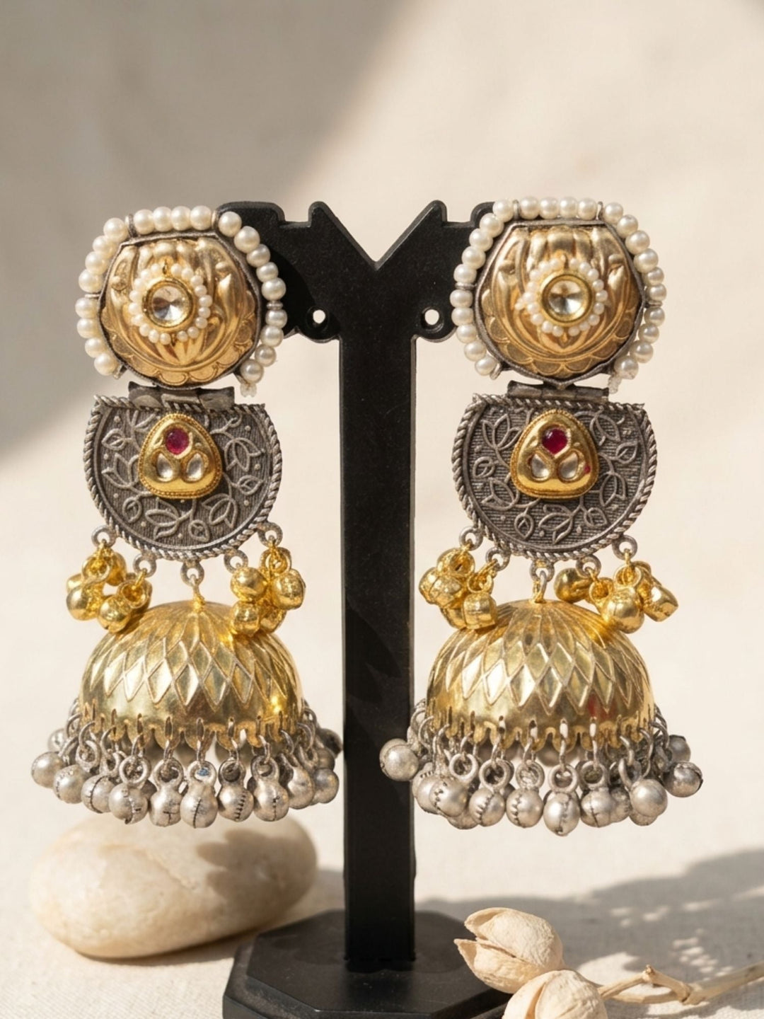 Dual Tone Jhumka Earrings – Ghungroo Festive | SHOBITAM