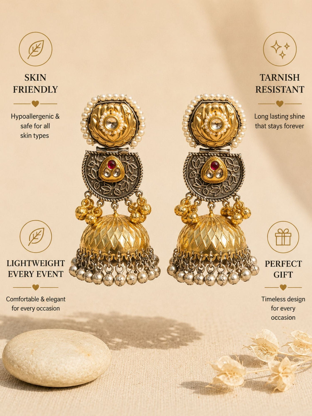 Dual Tone Jhumka Earrings – Ghungroo Festive | SHOBITAM