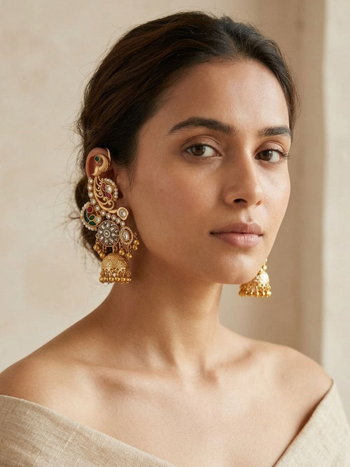 Dual Tone Peacock Jhumka Earrings with Pearl Detailing | SHOBITAM