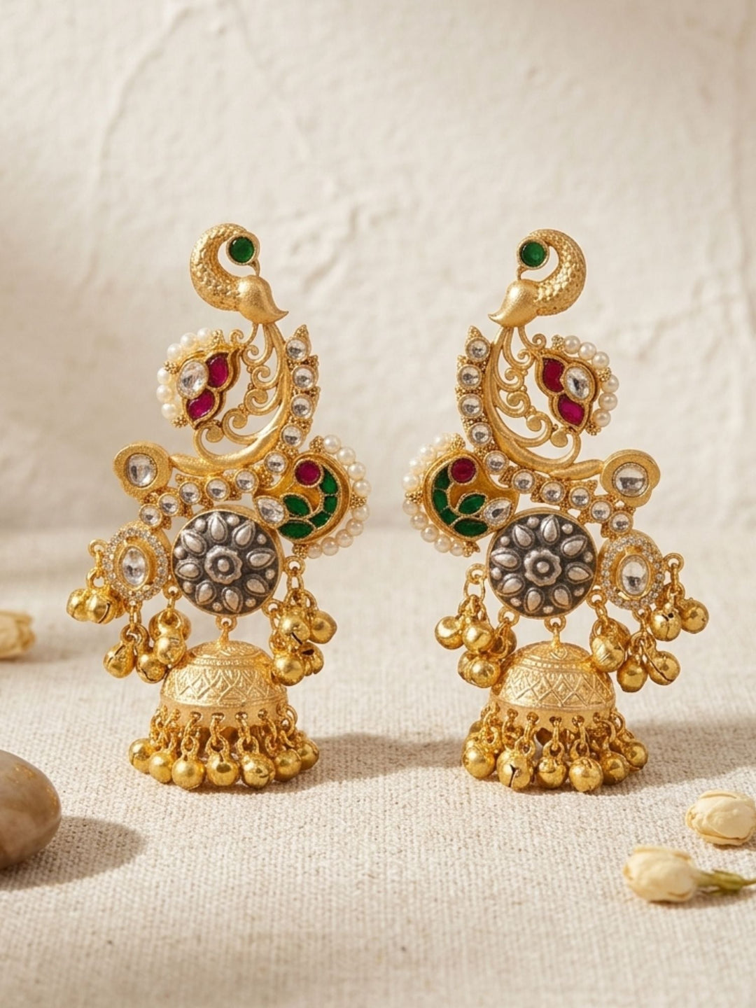 Dual Tone Peacock Jhumka Earrings with Pearl Detailing | SHOBITAM