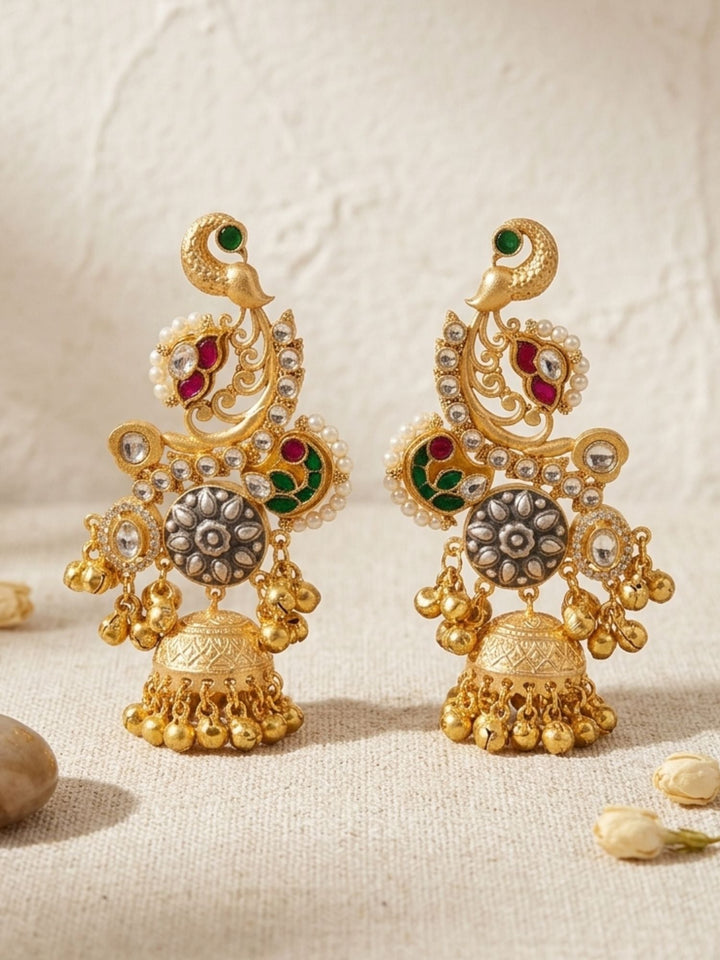 Dual Tone Peacock Jhumka Earrings with Pearl Detailing | SHOBITAM
