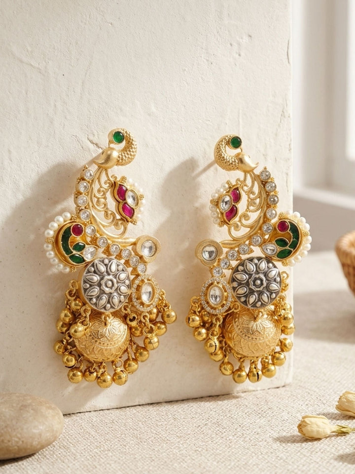 Dual Tone Peacock Jhumka Earrings with Pearl Detailing | SHOBITAM