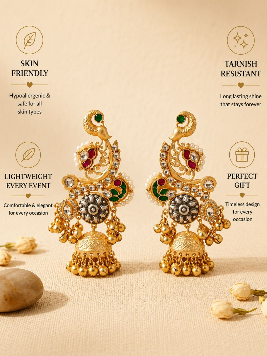 Dual Tone Peacock Jhumka Earrings with Pearl Detailing | SHOBITAM