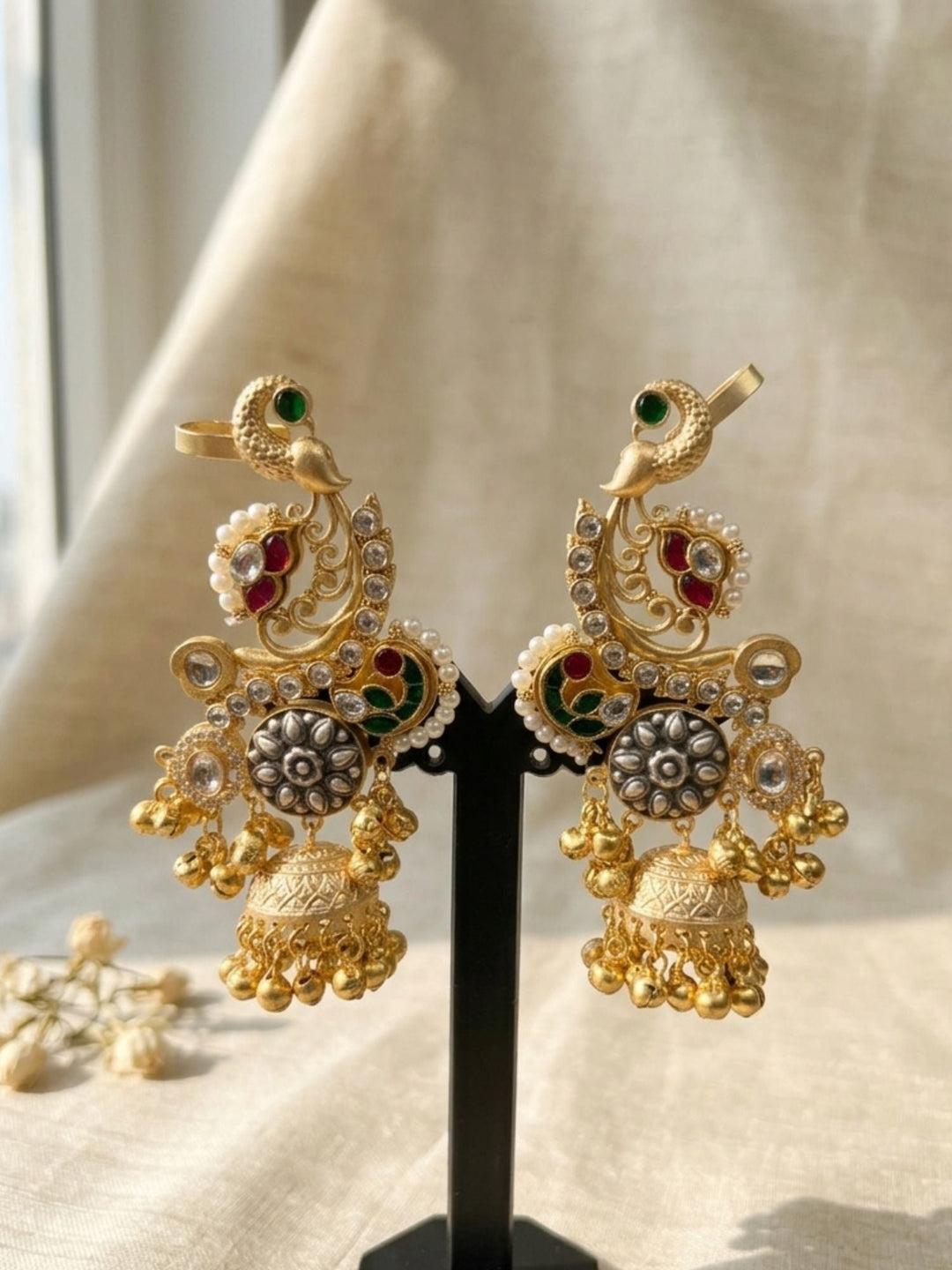 Dual Tone Peacock Jhumka Earrings with Pearl Detailing | SHOBITAM