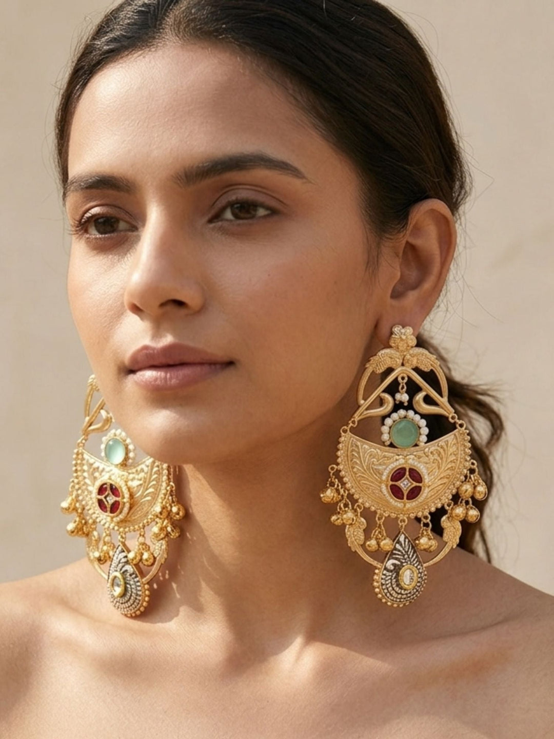 Dual Tone Antique Chandbali Earrings with Ghungroo Drops | SHOBITAM