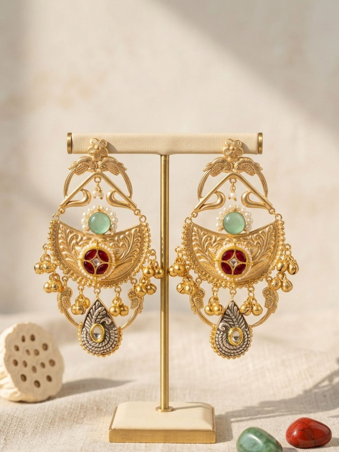 Dual Tone Antique Chandbali Earrings with Ghungroo Drops | SHOBITAM