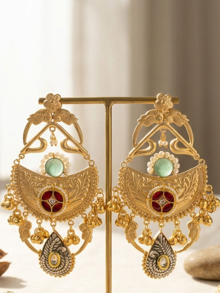 Dual Tone Antique Chandbali Earrings with Ghungroo Drops | SHOBITAM