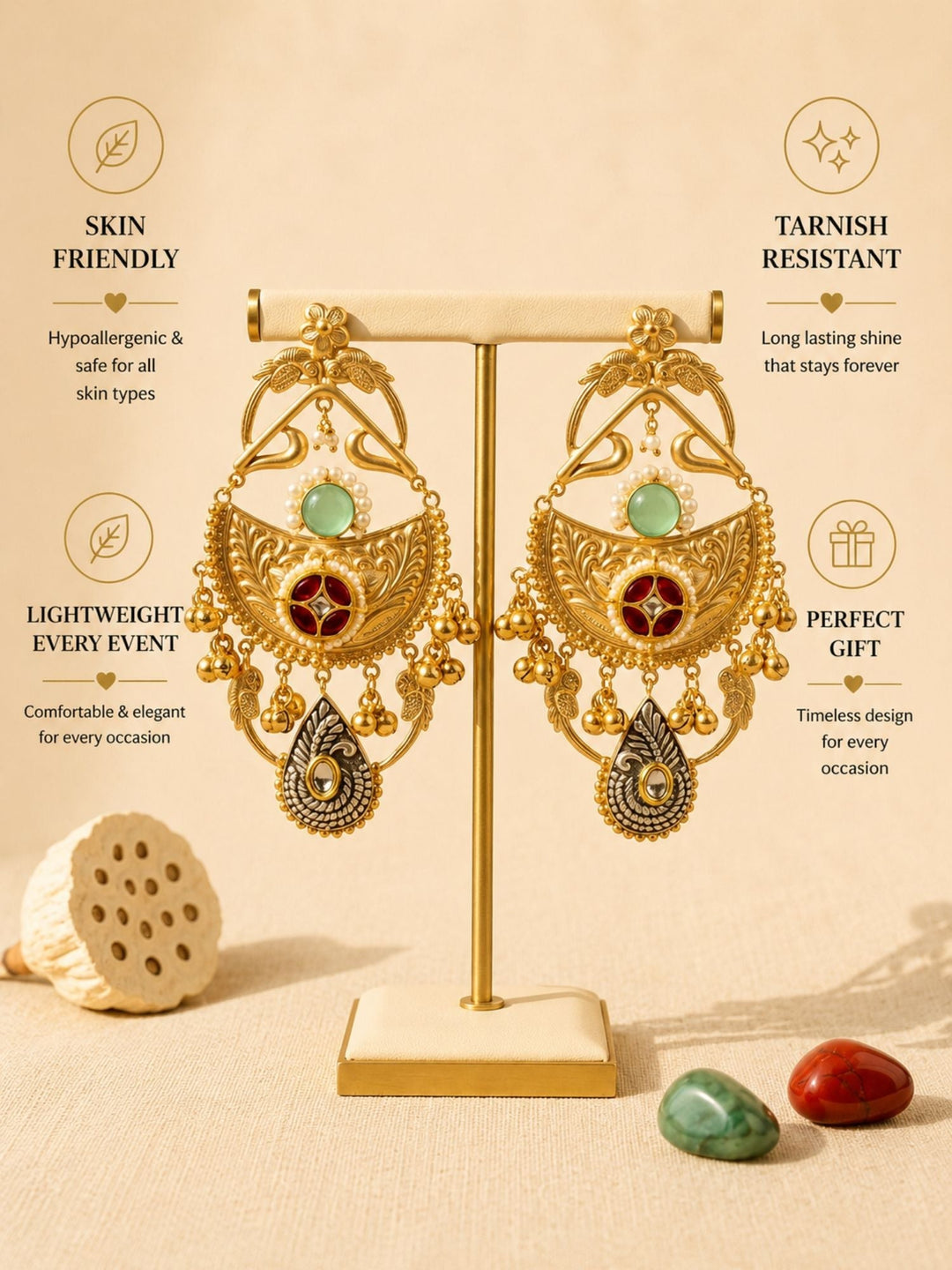 Dual Tone Antique Chandbali Earrings with Ghungroo Drops | SHOBITAM