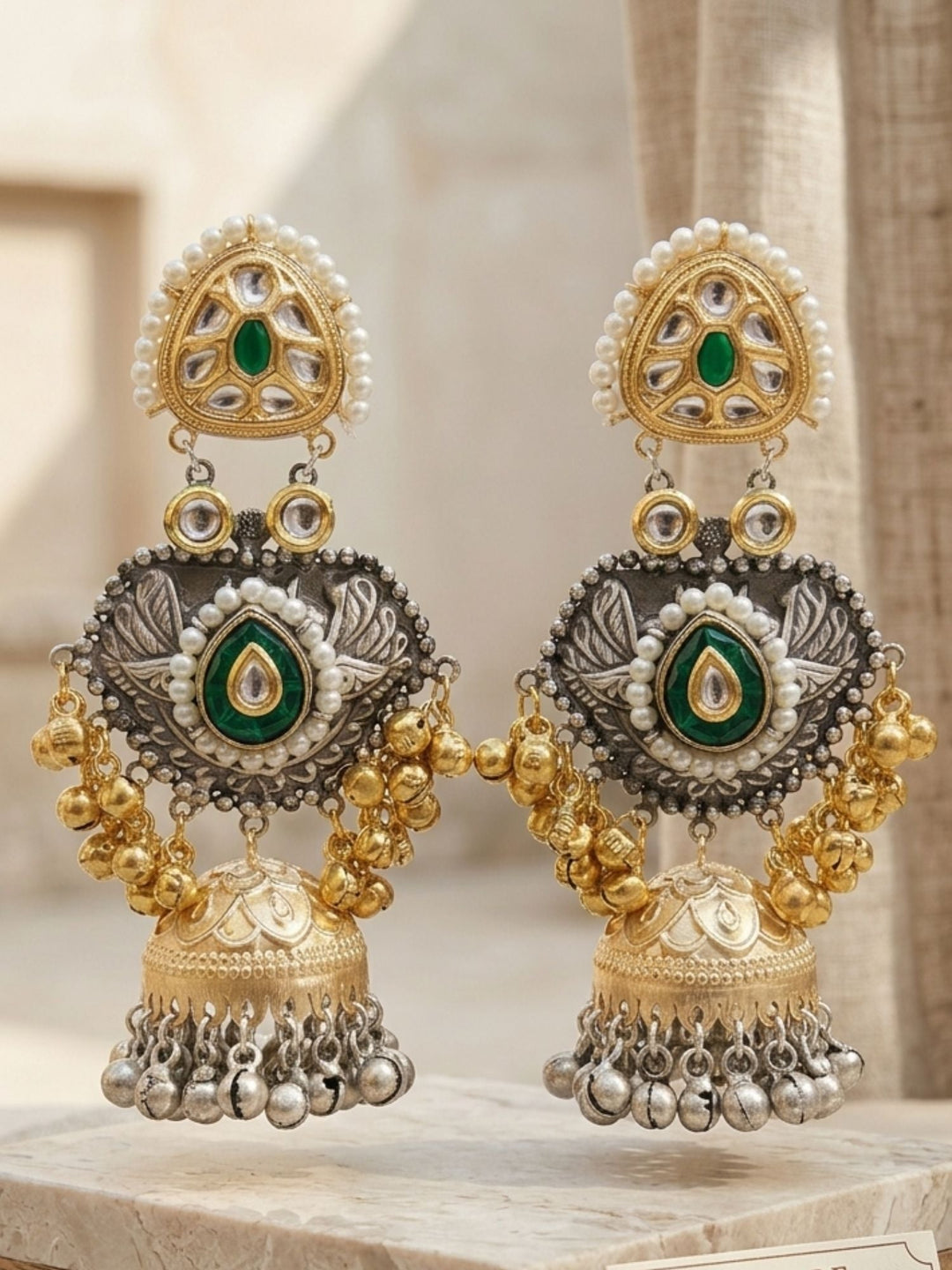 Dual Tone Antique Jhumka Earrings with Pearl & Ghungroo Work | SHOBITAM