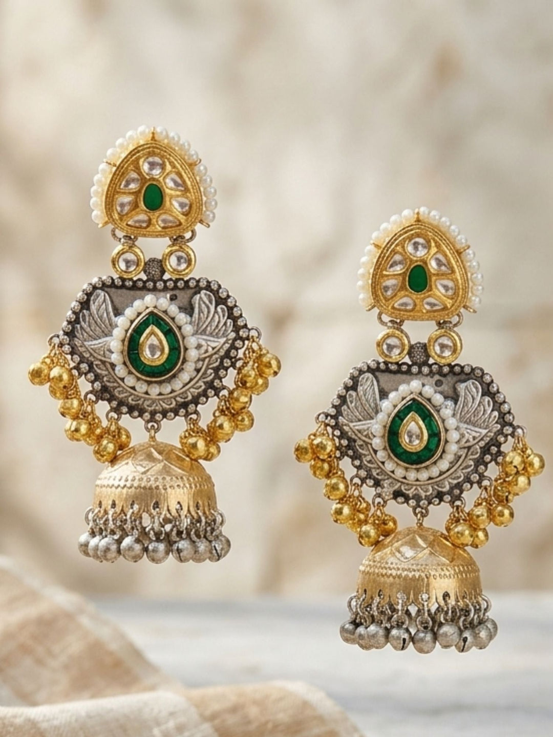 Dual Tone Antique Jhumka Earrings with Pearl & Ghungroo Work | SHOBITAM