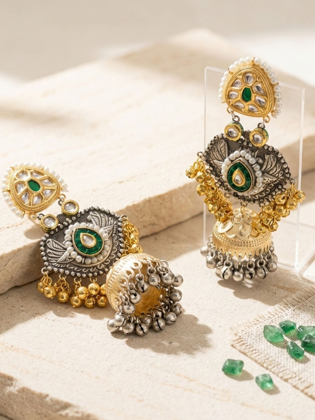 Dual Tone Antique Jhumka Earrings with Pearl & Ghungroo Work | SHOBITAM
