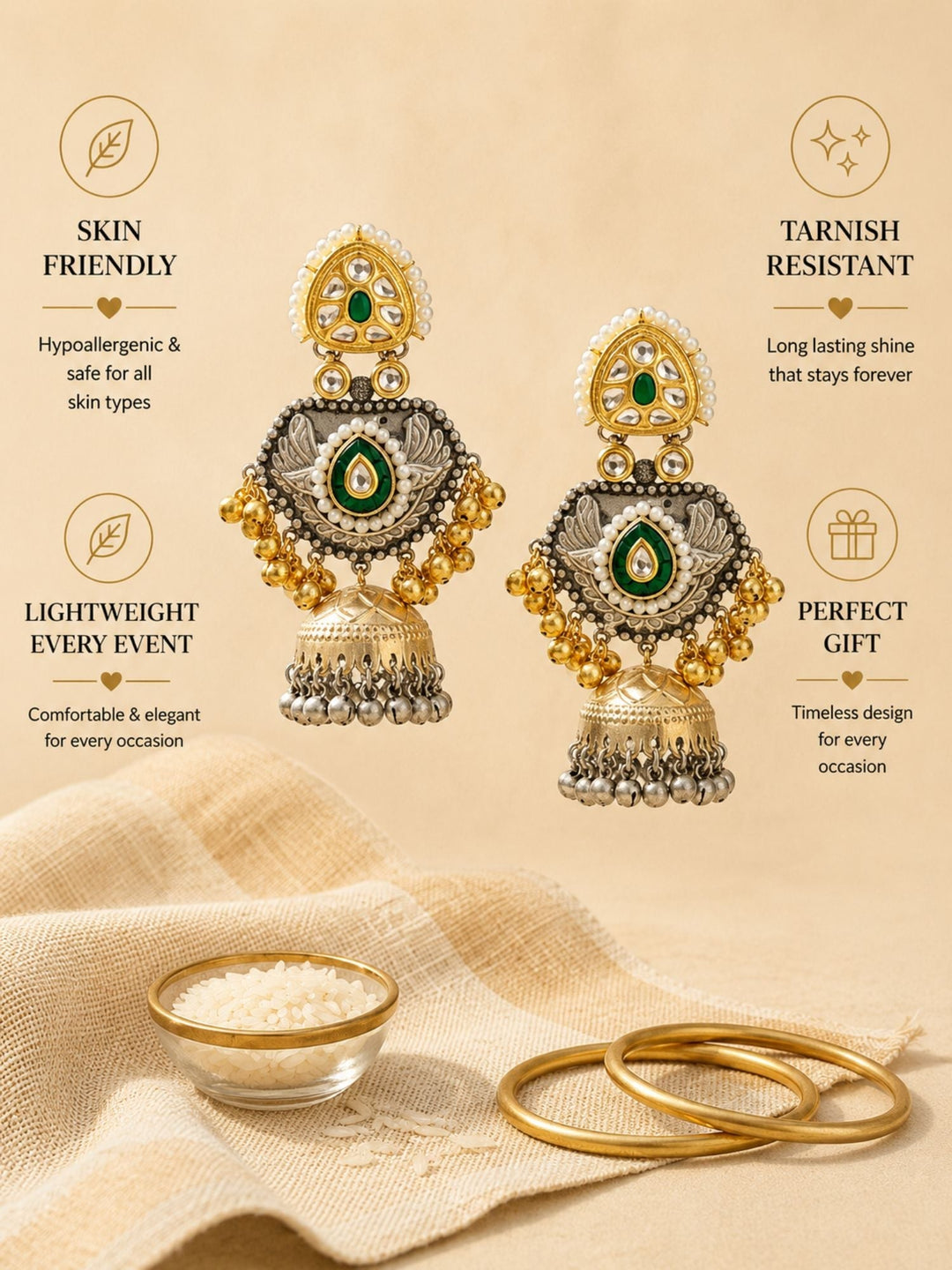Dual Tone Antique Jhumka Earrings with Pearl & Ghungroo Work | SHOBITAM