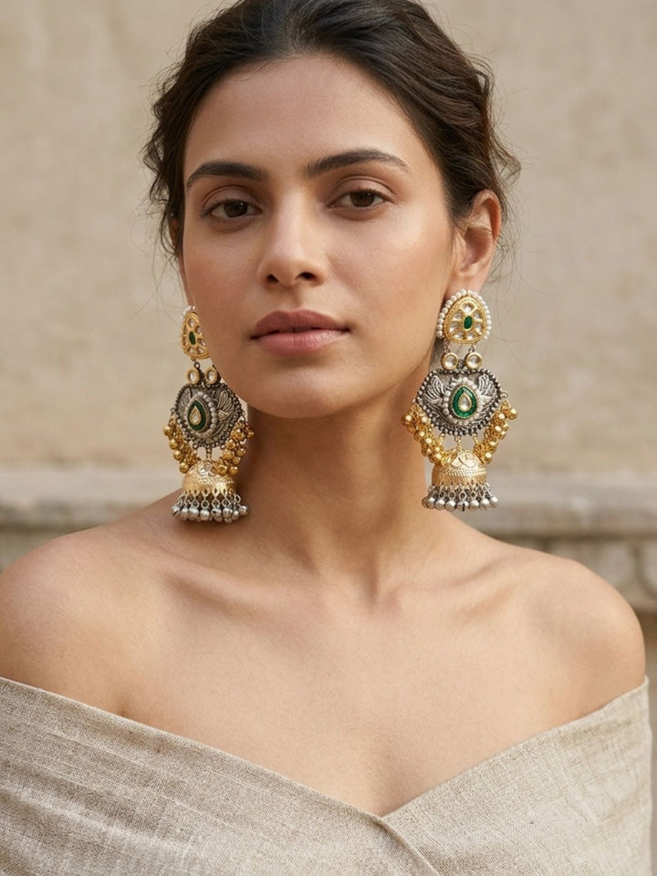 Dual Tone Antique Jhumka Earrings with Pearl & Ghungroo Work | SHOBITAM