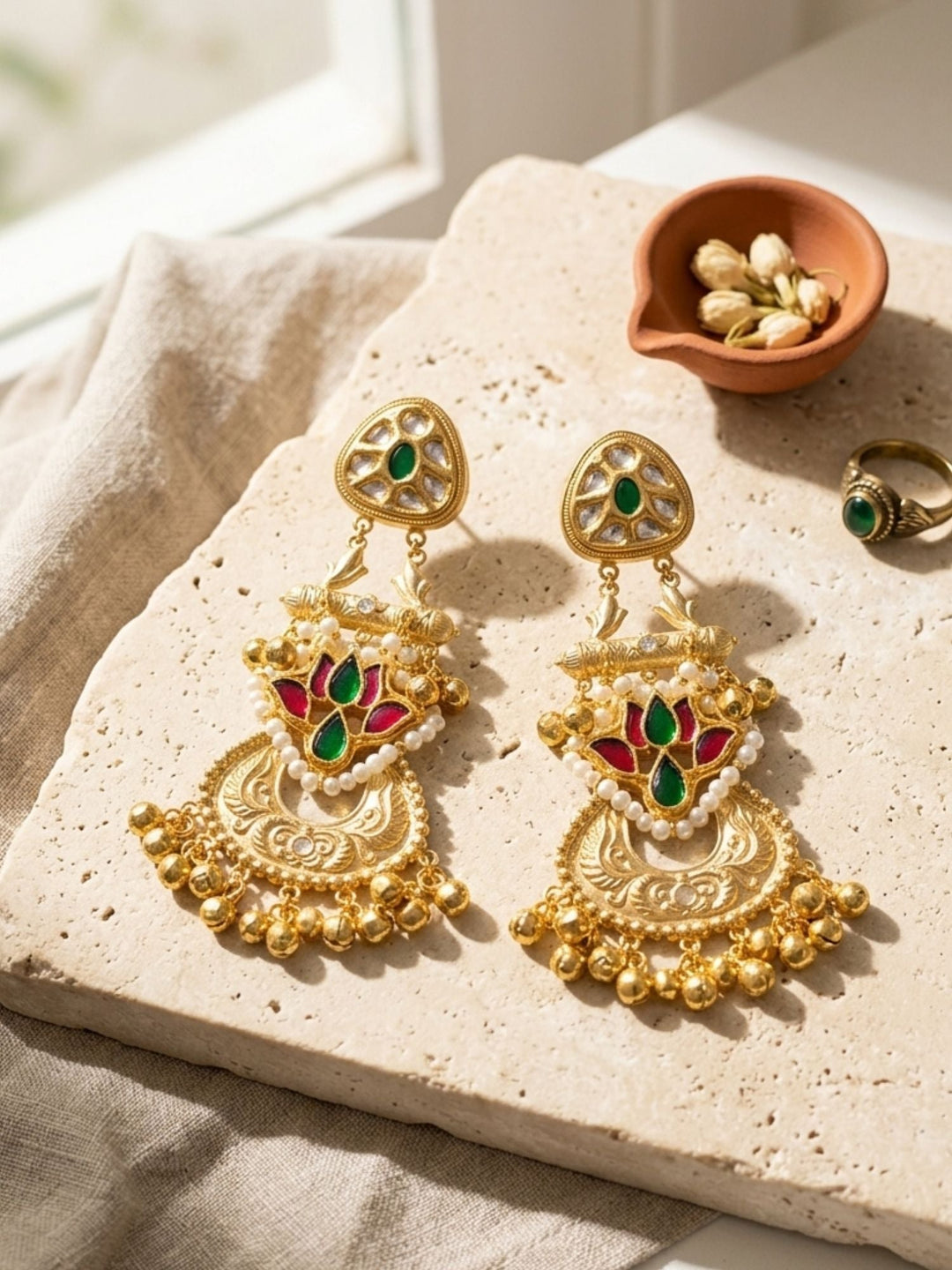 Traditional Dual Tone Ethnic Earrings with Pearl Detailing | SHOBITAM