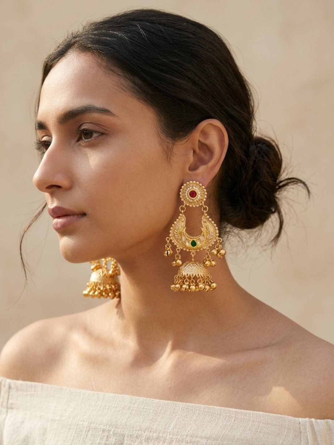 Gold Plated, Traditional Gold Plated Jhumka Earrings with Ghungroo Drops | SHOBITAM