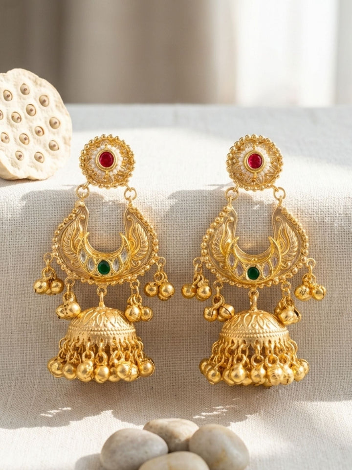 Gold Plated, Traditional Gold Plated Jhumka Earrings with Ghungroo Drops | SHOBITAM