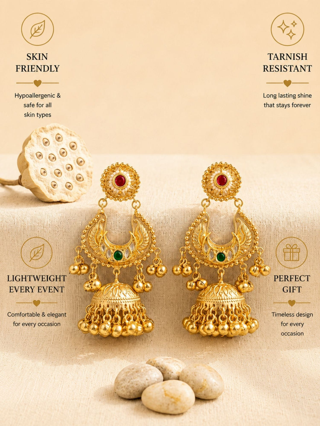 Gold Plated, Traditional Gold Plated Jhumka Earrings with Ghungroo Drops | SHOBITAM