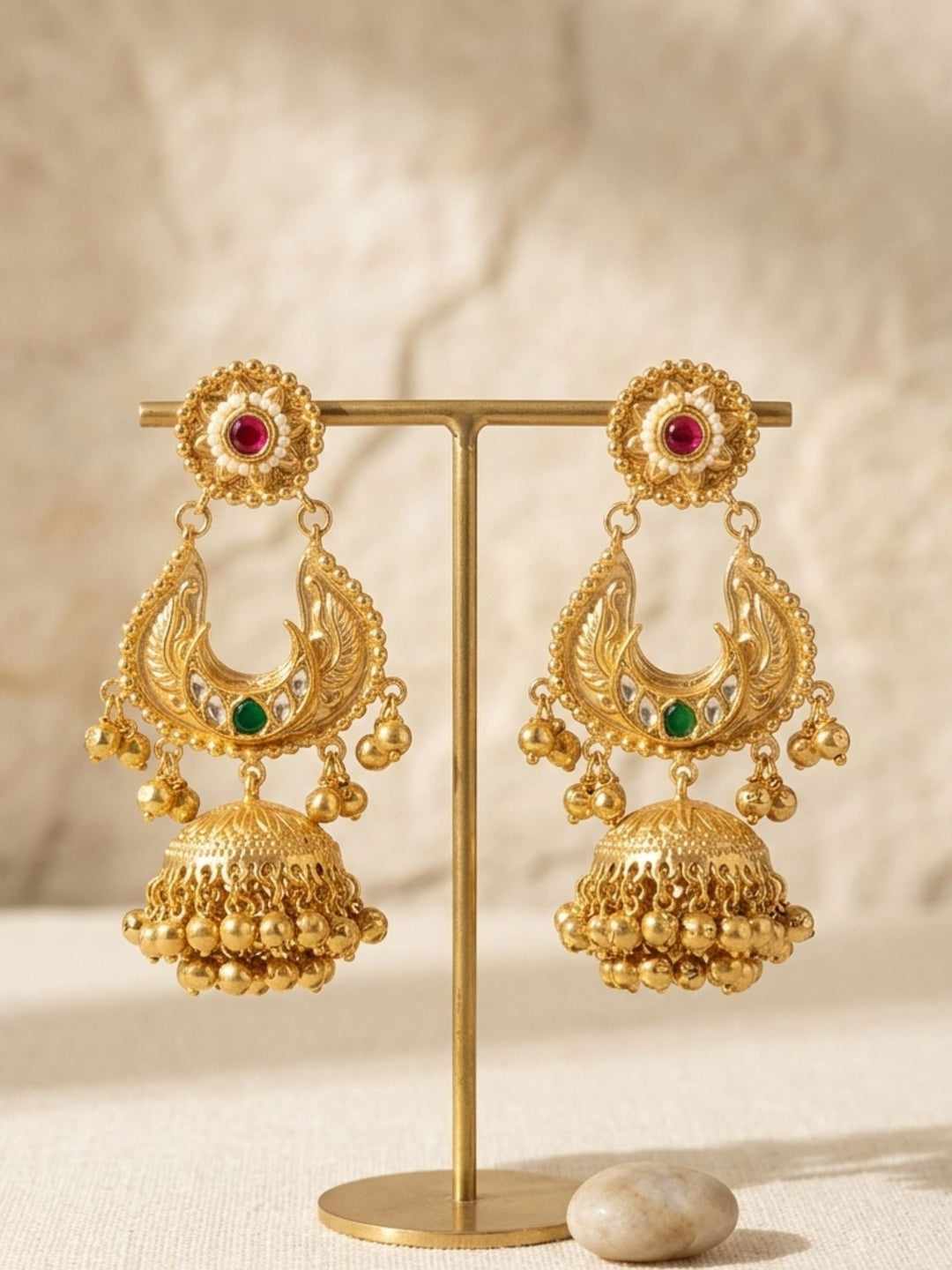 Gold Plated, Traditional Gold Plated Jhumka Earrings with Ghungroo Drops | SHOBITAM