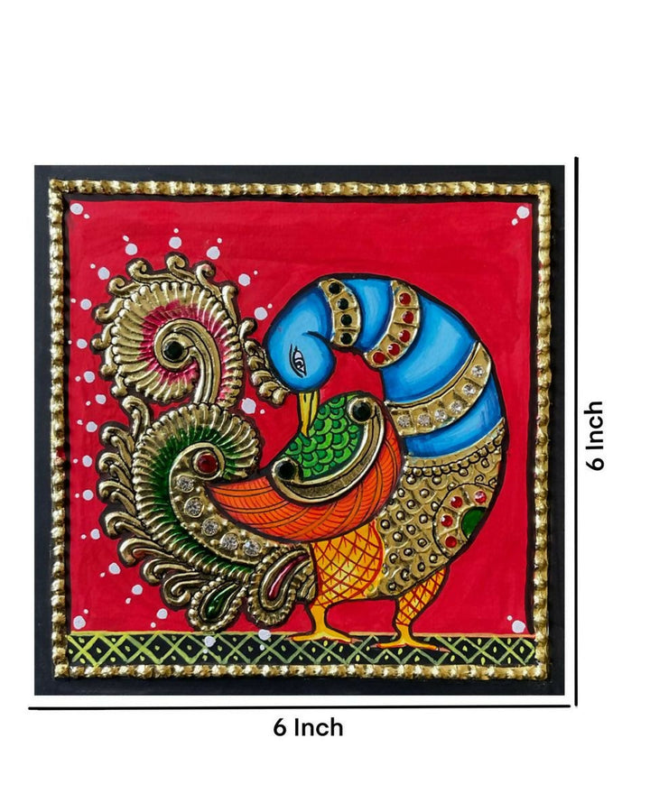 6*6 TANJORE PAINTING PEACOCK Authentic With 22 Ct Gold Foil and Jaipur Gemstones,Unframed | SHOBITAM