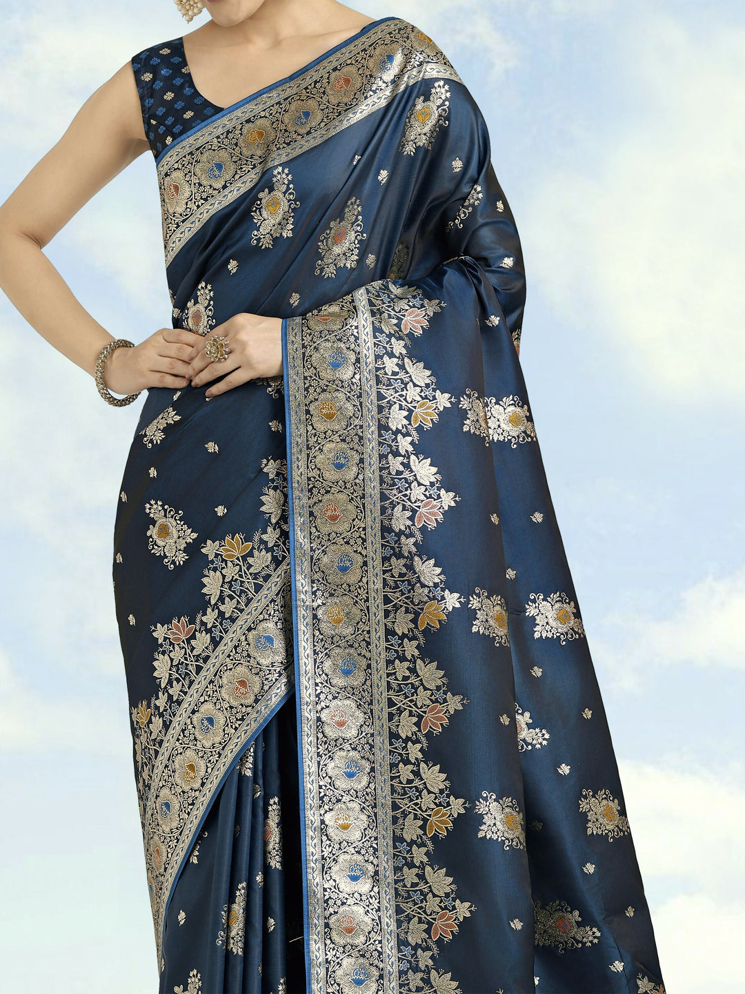 Dark Teal Zari Woven Banarasi Satin Silk Saree | SHOBITAM