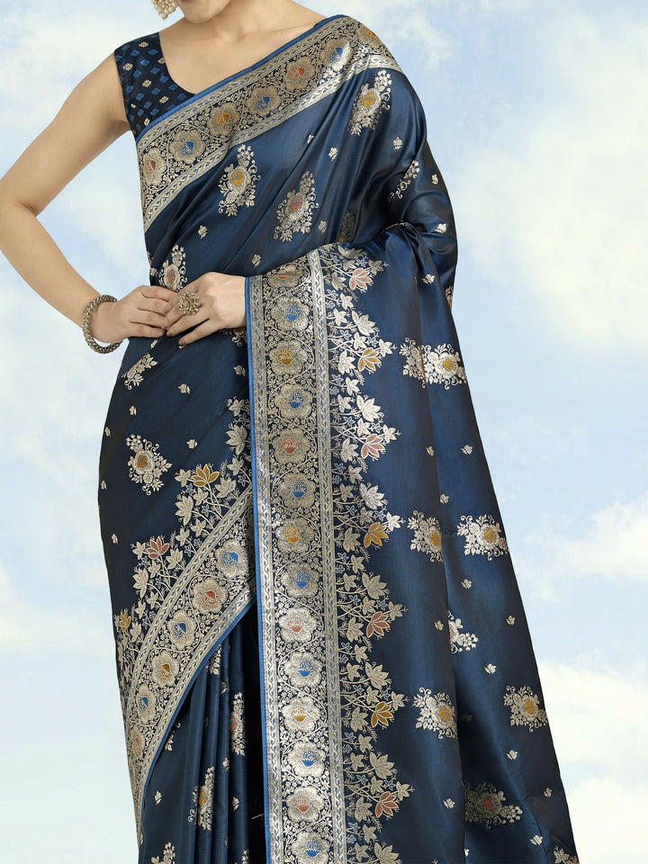 Dark Teal Zari Woven Banarasi Satin Silk Saree | SHOBITAM