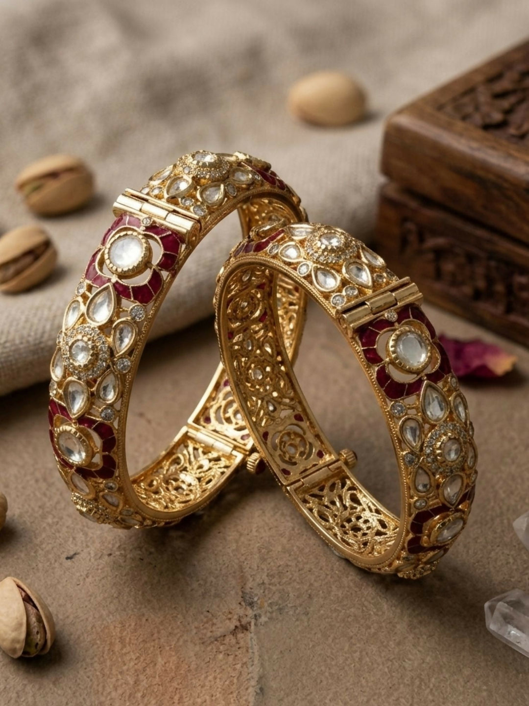 Gold Plated Uncut Polki Moissanite Bangles | SHOBITAM