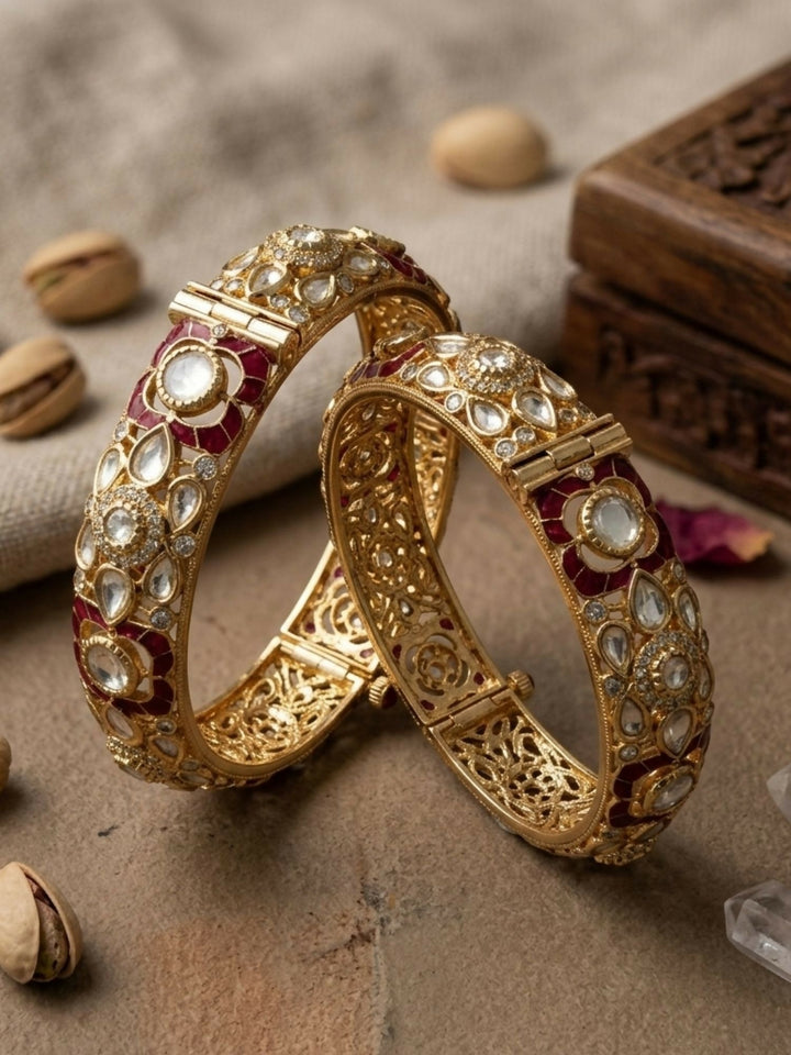 Gold Plated Uncut Polki Moissanite Bangles | SHOBITAM
