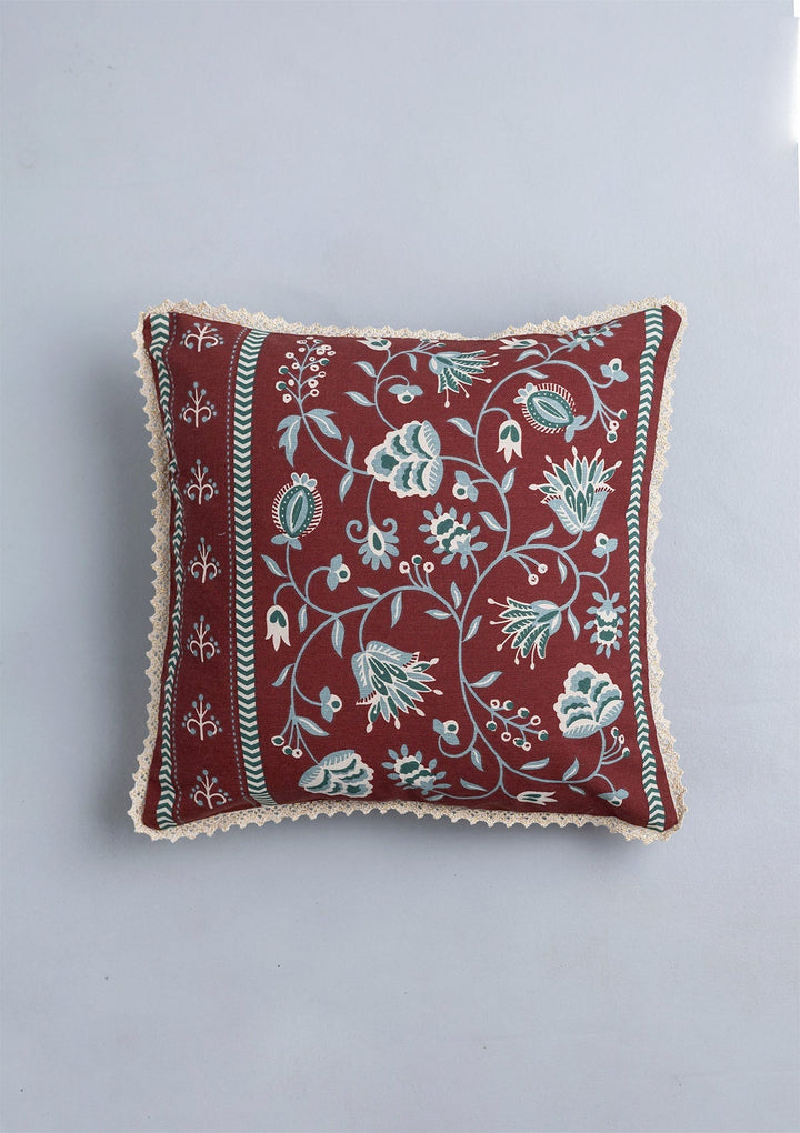 Garnet Printed Red & Green Cushion Cover for Sofa – 100% Cotton, 16"x 16" | SHOBITAM